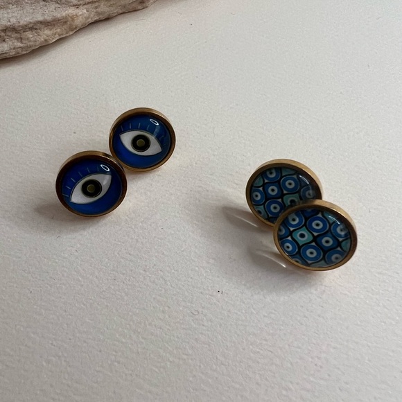 Gold Evil Eye Stud Earrings - Trendy Boho Chic Small Earrings - Stylish Studs - Picture 10 of 14